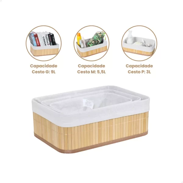 Kit 3 Cestos Organizadores De Bambu Multiuso Com Forro