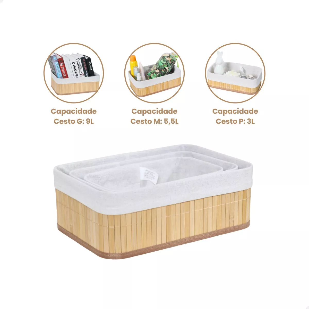 Kit 3 Cestos Organizadores De Bambu Multiuso Com Forro